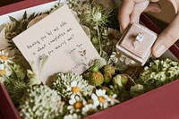 Paper note mockup, engagement ring, Valentine's day proposal psd