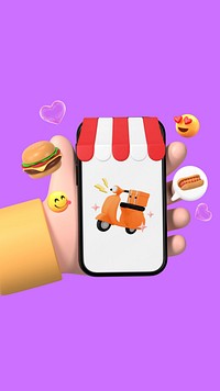 Food delivery iPhone wallpaper, 3D emoticons, purple design