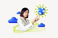 Cloud connectivity, global network 3D businesswoman remix