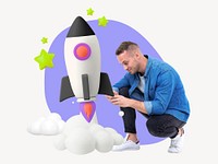 Business entrepreneur launching rocket, startup 3D remix