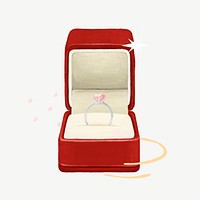 Wedding diamond ring, red velvet box illustration psd