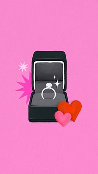 Wedding diamond ring iPhone wallpaper, black velvet box illustration