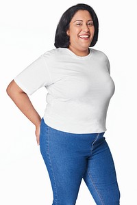 Women's white tee and jeans plus size fashion mockup psd studio shot