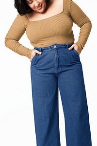 Women&#39;s brown blouse and jeans plus size fashion psd mockup studio shot