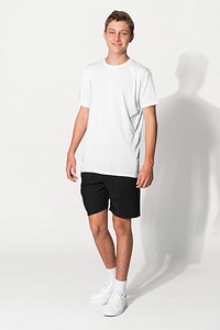 White tee mockup psd for boys basic teen’s apparel studio shoot