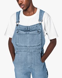 Denim dungarees psd mockup with white t-shirt street fashion shoot