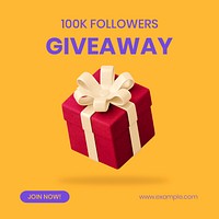 Giveaway social media post template, editable 3D design psd