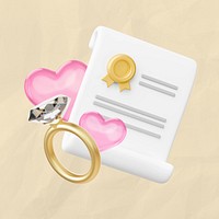Marriage certificate and diamond ring, 3D wedding remix