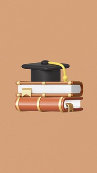 Graduation cap iPhone wallpaper, book stack, 3D education remix