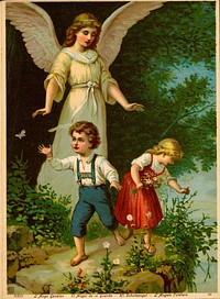 Cromolitogravura do anjinho da guarda com duas crian&ccedil;as, aproximadamente de 1919, do livro Cat&aacute;logo de imagens de santos by Weiszflog Irm&atilde;os.
