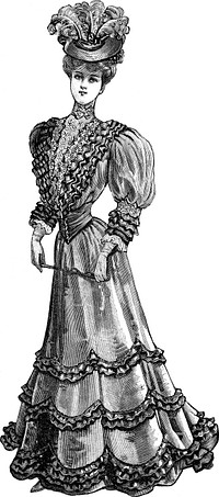 Vêtements Pour Dames; 200. Costume de cérémonie en très belle éolienne entièrement doublé taffetas de Lyon, jupe garnie de petits volants mouvementés, corsage délicieusement drapé manches courtes empiècement guipure; Prix 150fr.