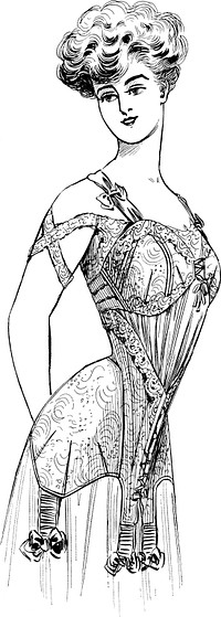 Fig. 89Corset et soutien-gorge en batiste broché bleu pâle. Le busc ne monte pas plus haut que la taille. Le corset emboîte bien les hanches.