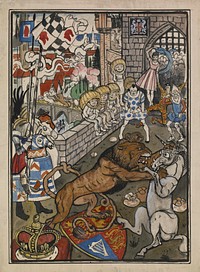 The Merrie Heart, 1870; lion and unicorn fighting within castle walls at r, a shield and crown at left, onlookers beyond, including a group sitting on wall with baskets on their heads, buildings and bridge in background at left, within border