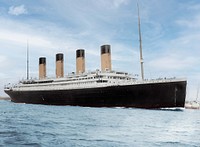Colorized version of a photography of the RMS Titanic preparing to depart from Southampton, to go to Cherbourg and pick up passengers, then start her maiden voyage to New York.