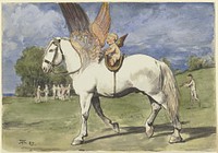 Landscape · animal depiction · historical narration · mythological representation · Pegasus, the winged horse · cupids: 'amores', 'amoretti', 'putti' (+ non-aggressive, friendly or neutral activities and relationships) · riding a horse, ass, or mule; rider, horseman