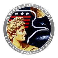 This is the official emblem of the Apollo 17 lunar landing mission which was flown by astronauts Eugene A. Cernan, Ronald E. Evans and Harrison H. Schmitt.The insignia is dominated by the image of Apollo, the Greek sun god. Suspended in space behind the head of Apollo is an American eagle of contemporary design, the red bars of the eagle's wing represent the bars in the United States flag; the three white stars symbolize the three astronaut crewmen. The background is deep blue space and within it are the moon, the planet Saturn and a spiral galaxy or nebula. The moon is partially overlaid by the eagle's wing suggesting that this is a celestial body that man has visited and in that sense conquered. The thrust of the eagle and the gaze of Apollo to the right and toward Saturn and the galaxy is meant to imply that man's goals in space will someday include the planets and perhaps the stars. The colors of the emblem are red, white and blue, the colors of our flag; with the addition of gold, to symbolize the golden age of space flight that will begin with this Apollo 17 lunar landing. The Apollo image used in this emblem was the famous Apollo of Belvedere sculpture now in the Vatican Gallery in Rome. This emblem was designed by artist Robert T. McCall in collaboration with the astronauts.