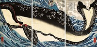 Miyamoto no Musashi Attacking the Giant Whale. Its markings clearly identify it as a North Pacific right whale. Artist's seal: Yoshikiri. Published by Kawaguchiya Shozo (1847-50). Censor's seals: Murata (Murata Heiemon) and Mera (Mera Taichiro). Oban triptych: 36 x 24.5 cm. (14 1/4 x 9 5/8 in.) by Utagawa Kuniyoshi.