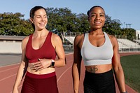 Sports bra and shorts mockup psd on athletic runner friends talking and walking on the track