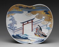 Dish with Design of Court Lady by the Gate of a Shinto Shrine