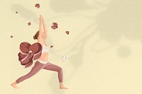 Woman flower aesthetic yoga yellow background, warrior pose