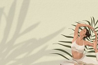 Woman leaf aesthetic yoga beige background, stretching pose