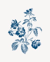 Aesthetic vintage flower painting, blue, monochromatic psd