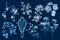 Vintage flower painting aesthetic set collection, blue, monochromatic psd