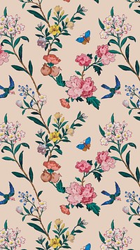 Vintage flower pattern almond blossom iPhone wallpaper, pink background