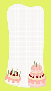 Birthday cake iPhone wallpaper, green border frame notepaper, celebration illustration