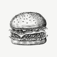 Burger vintage illustration, food collage element psd