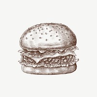 Burger vintage illustration, collage element psd