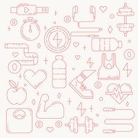 Fitness, health & wellness icons, pink line art collection vector