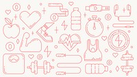 Fitness, health & wellness icons, pink line art collection vector