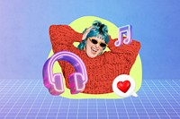 Teenage woman listening to music, 3D remix, grid design