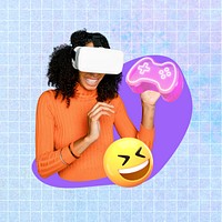 Black woman playing VR game, 3D remix