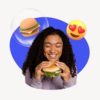 Black woman eating fast food, burger 3D remix