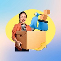 Package shipping, Asian woman, 3D remix