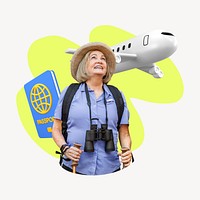 Traveling woman, senior retirement, 3D remix