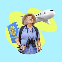 Traveling woman, senior retirement, 3D remix