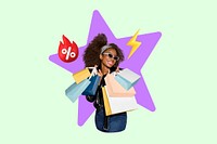 Shopping black woman, green design, 3D remix