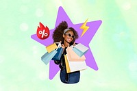 Shopping black woman, green design, 3D remix