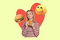 Teenage woman eats burger, green design, 3D remix