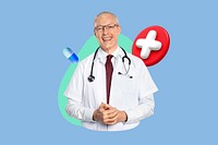 Senior doctor, blue design, healthcare 3D remix