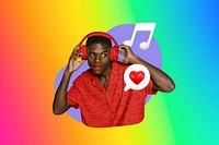 Man listening to music, rainbow design, 3D remix