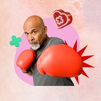 Healthy boxing senior man, creative health remix