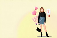 Woman shopping yellow background, 3d remix vector illustration