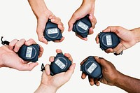 Closeup of hands holding stop watches collage element psd