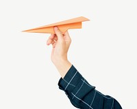 Hand holding origami paper plane collage element psd