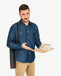 Architect man holding model building collage element psd