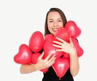 Woman holding red heart shaped balloons collage element psd